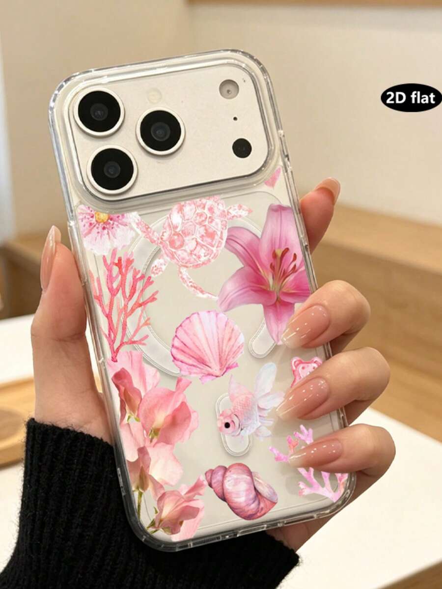 Pink Ocean Turtle Magnetic Transparent Phone Case, Shell Lily Goldfish Coral Pattern, Full Lens Shockproof Protective Cover, Compatible With IPhoneXR/11/12/13/14/15/16/17Pro Max/18Pro Max, Supports Magnetic Charging, Gentle Girl Creative Printed Phone Case - Clear - View 1