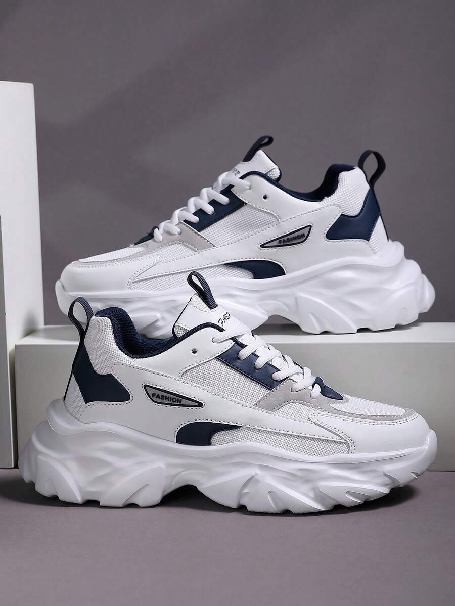Men's Wave Thick Sole Chunky Sneakers, Mesh Breathable Height-Increasing Sports Shoes, Spring/Autumn Colorblock Casual Running Shoes, Versatile Fashion Sneakers For Teenagers