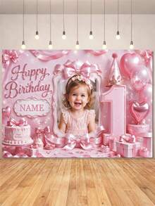 Customizable Photo & Name Pink Floral 1st Birthday Happy Birthday Backdrop, Pink Floral Banner, Balloons, Birthday Cake, Gold Crown, Gift Box, Teddy Bear Decor Design, Suitable For Princess 1st Birthday Theme Party Cake Table Background Decoration Photography Banner Vinyl - E - View 4