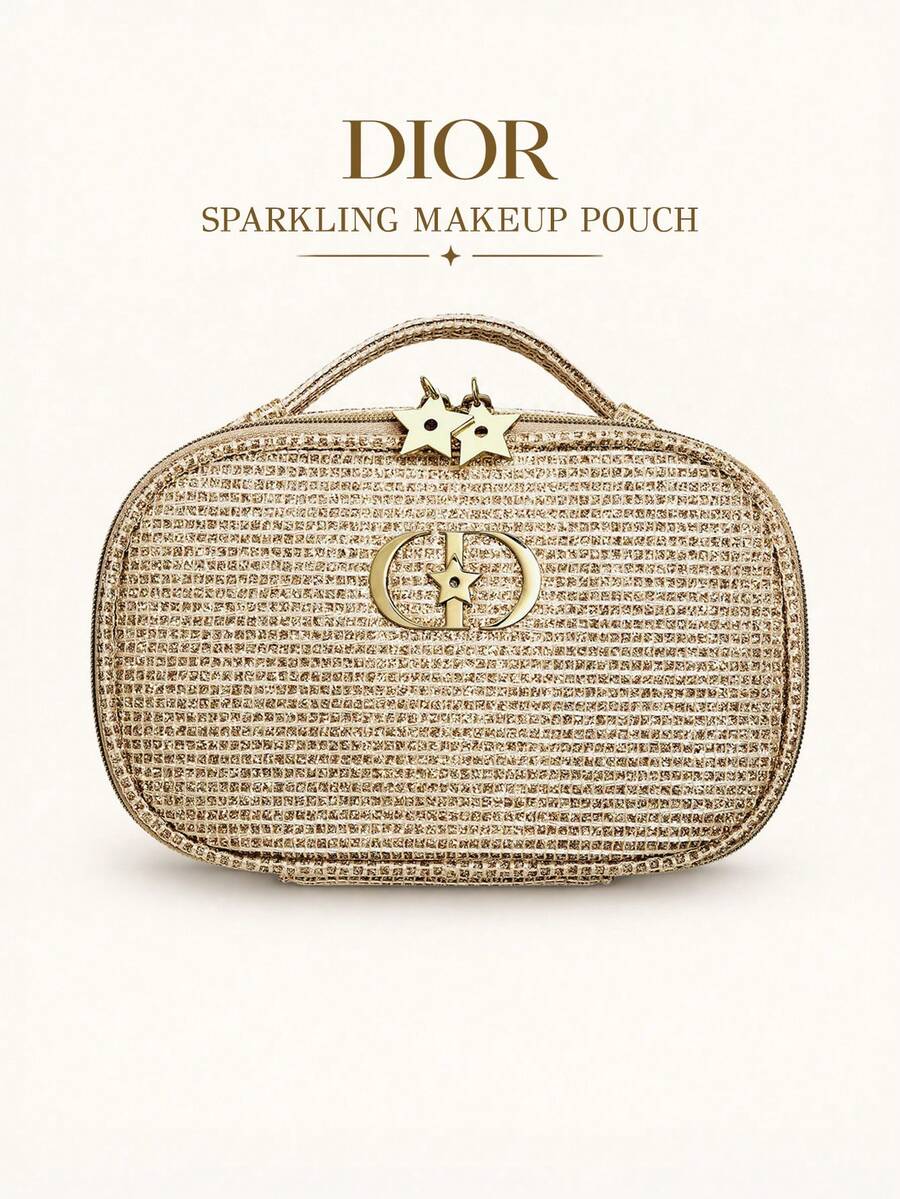 Christian Dior Sparkling Gold Woven Makeup Pouch, Christmas Edition Zipper Cosmetic Bag With Handle, Portable Vanity Case And Travel Organizer, Holiday Gift - Gold - View 1