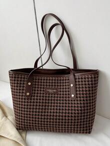 1 túi tote đeo vai nữ dung lượng lớn, nylon màu nâu, khóa kéo trơn, thiết kế chữ thời trang, họa tiết răng sói, đính đinh tán, phong cách thường ngày đa năng, dùng hàng ngày - Cà phê - Xem 1