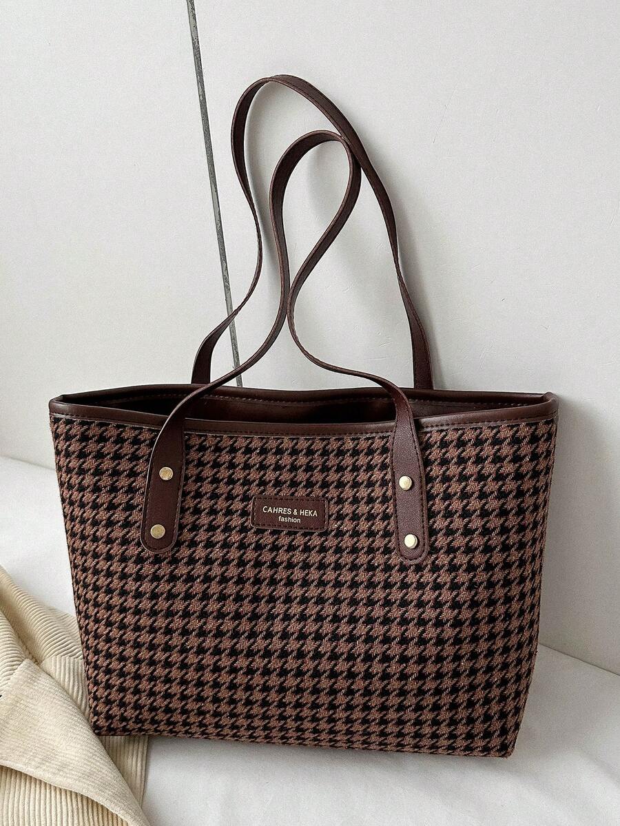 1 túi tote đeo vai nữ dung lượng lớn, nylon màu nâu, khóa kéo trơn, thiết kế chữ thời trang, họa tiết răng sói, đính đinh tán, phong cách thường ngày đa năng, dùng hàng ngày - Cà phê - Xem 1
