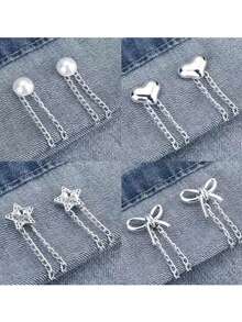8pcs Multi-Functional Clothing Clips, Suitable For Pant Legs, Metal Star, Heart And Bow Shirt Pants Hem Clips, Cute Decorative Long Pant Leg Chain Clips With Button Chain Clips, Clothing Decoration Accessories - Silver-8pcs - View 6