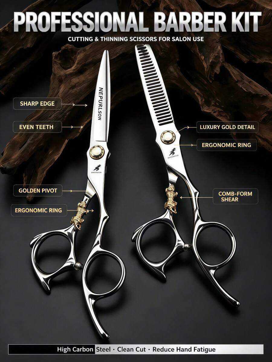 OBOVAY Salon-Grade Golden Dragon Texture Hair Scissors Set, Flat Scissors + Thinning Scissors Combo For Precision Cutting, Thinning And Styling. Exquisite Embossed Dragon Pattern Craftsmanship, Sturdy And Eye-Catching Golden Pivot, Finely Polished Blades, Smooth Cutting Without Pulling Or Snagging, Comfortable And Fluid Hand Feel. Suitable For Professional Salon Use Or Home Daily Bang Trimming, Easy To Use, Practical And High-End. - Multicolor - View 1