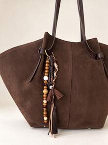 Versatile Vintage Style Wooden Bead Handmade Bag Charm Keychain Car Phone Lanyard Pendant - Coffee - View 3