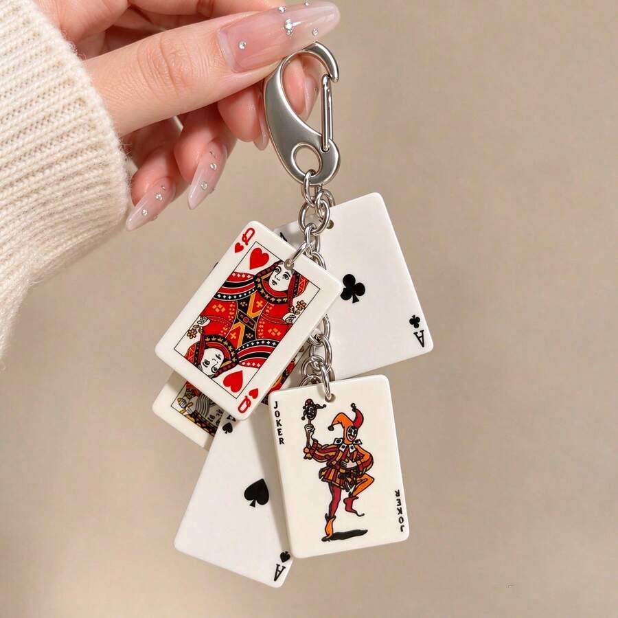1個中性模擬撲克牌吊飾,梅花黑桃紅心方塊撲克元素配件鑰匙圈,創意嘻哈包包掛飾 - 彩色 - 查看 1