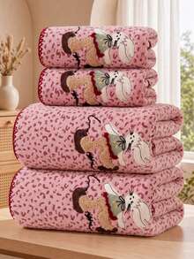 3/2/1pc Approx. 14*29in/28*55in Pink Leopard Print Towel, Cute Embroidered Rabbit Pattern Coral Fleece Bath Towel + Face Towel, Super Soft High Absorbent Quick Dry Thick Non-Shedding Towel, Suitable For Bathroom, Home, Travel, Back To School - Pink - View 1