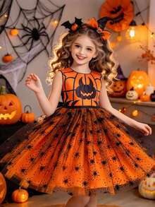 Gaun Jala Bermotif untuk Anak Perempuan, Gaun Pesta Ulang Tahun, Gaun Pesta Liburan Halloween - Jeruk - View 1