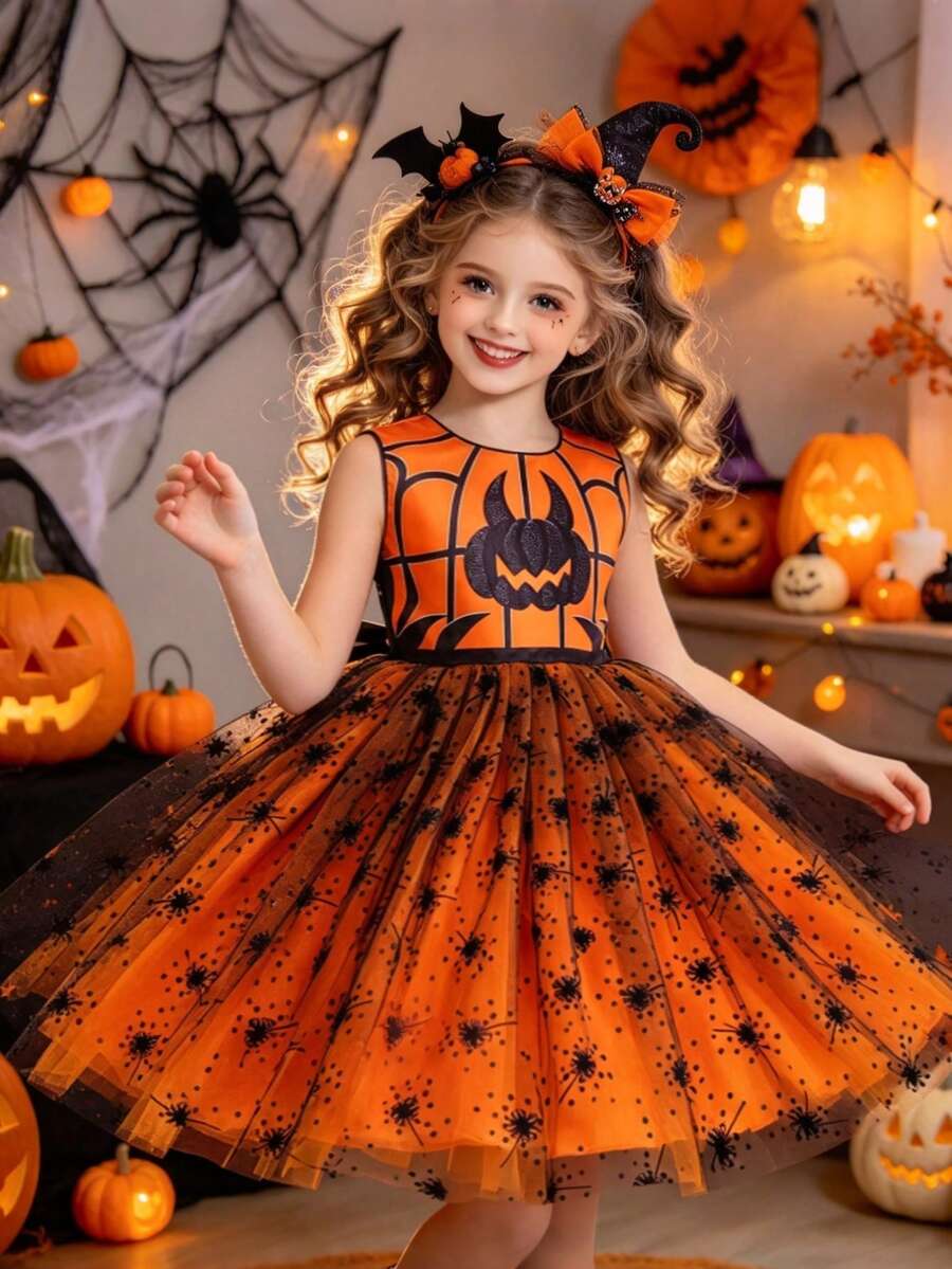 Gaun Jala Bermotif untuk Anak Perempuan, Gaun Pesta Ulang Tahun, Gaun Pesta Liburan Halloween - Jeruk - View 1