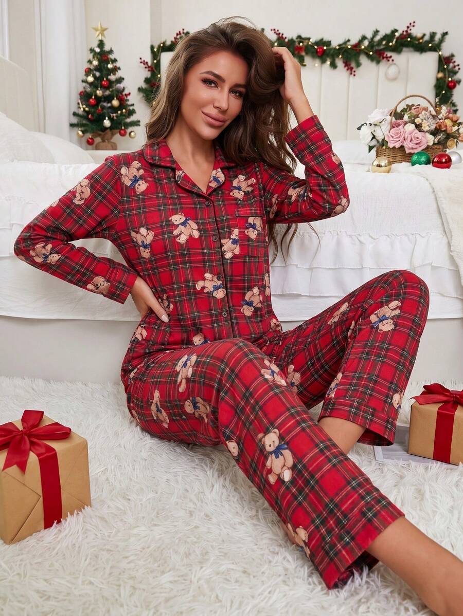 Women's 2-Piece Christmas Long Pajama Set, Spring/Autumn Indoor Fleece Plaid Teddy Bear Print With Pockets, Comfortable Long Sleeve Open Front Sleepwear - Red - View 1
