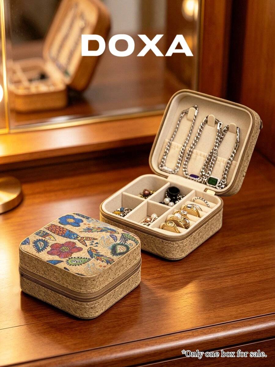 DOXA Vintage Print Portable Jewelry Box, Travel Zipper Jewelry Storage Box, Compact Ring Necklace Earring Display Storage Box - Brown 2 - View 1
