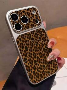 1pc Electroplated Silver Large Camera Window Phone Case, Large Camera Window Phone Case, Silver Frame Large Window Leopard Print Small Skull Phone Case, Cool Dark Style Full Coverage Anti-Drop Silicone Soft Shell, Compatible With Apple 11, 12, 13, 14, 15, 16, 17, 18 Pro Max, Galaxy, Honor, Phones, Designed For Women And Girls With Minimalist, Cute And Exquisite Style - Silver - View 2