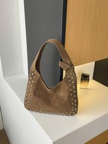 Vintage Brown Faux Suede Rivet Underarm Bag For Women, American Y2K Style Crescent-Shaped Shoulder Bag, Side Metal Rivet Decoration, Knotted Shoulder Strap, Niche Hot Girl Bag - Coffee - View 1