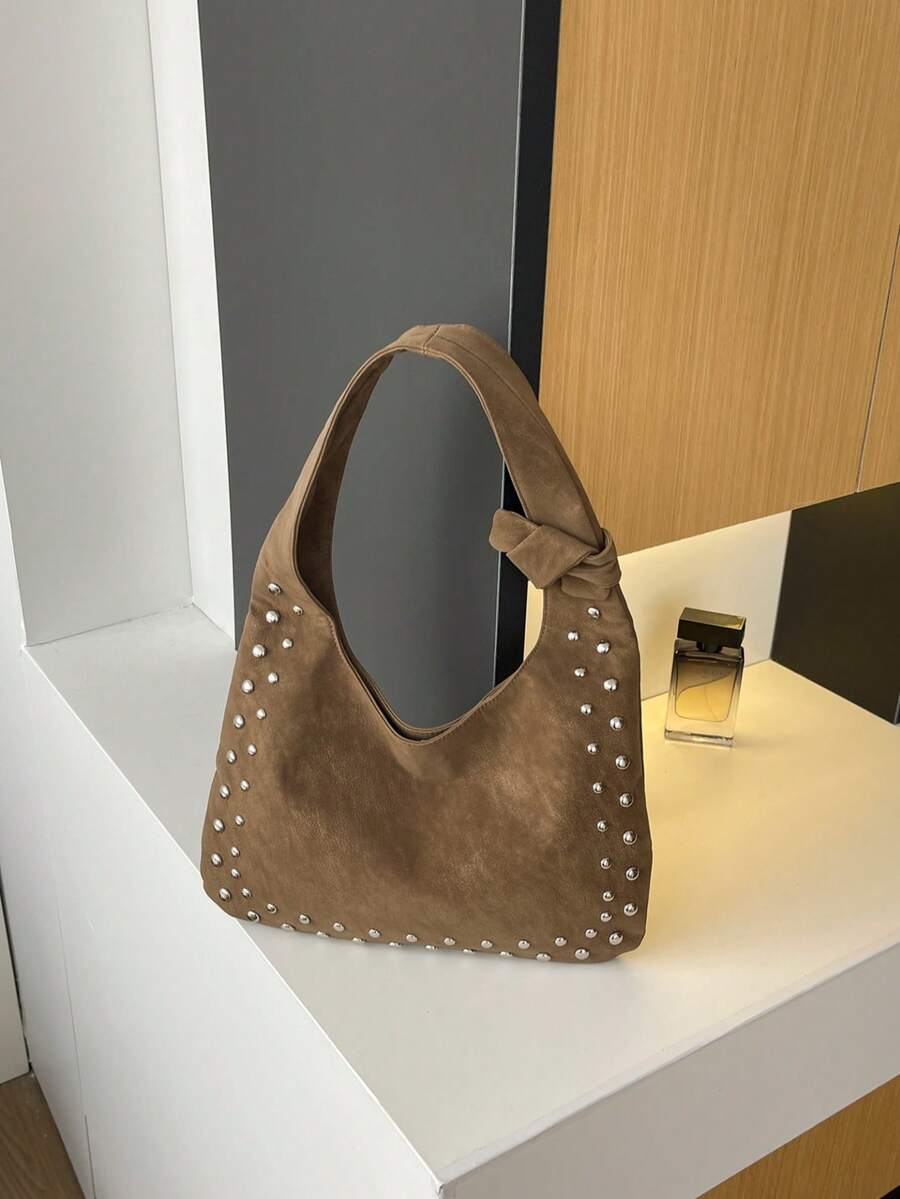 Vintage Brown Faux Suede Rivet Underarm Bag For Women, American Y2K Style Crescent-Shaped Shoulder Bag, Side Metal Rivet Decoration, Knotted Shoulder Strap, Niche Hot Girl Bag - Coffee - View 1