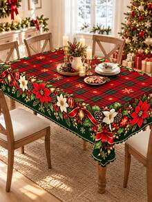 1Pc Classic Holiday Christmas Tablecloth, Red Green Plaid Poinsettia Holly Berry Pinecone Gold Ornament Snowflake Print Rectangular/Round Table Cover For Dining Room, Christmas Dinner, Restaurant, Family Celebration & New Year Decor - A - View 2