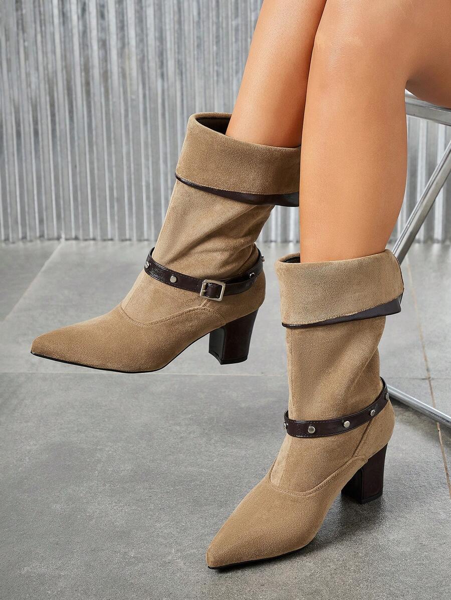 Women's Rivet Strap Foldable Shaft Pointed Toe Block Heel Retro Mid Calf Boots - Khaki - View 1