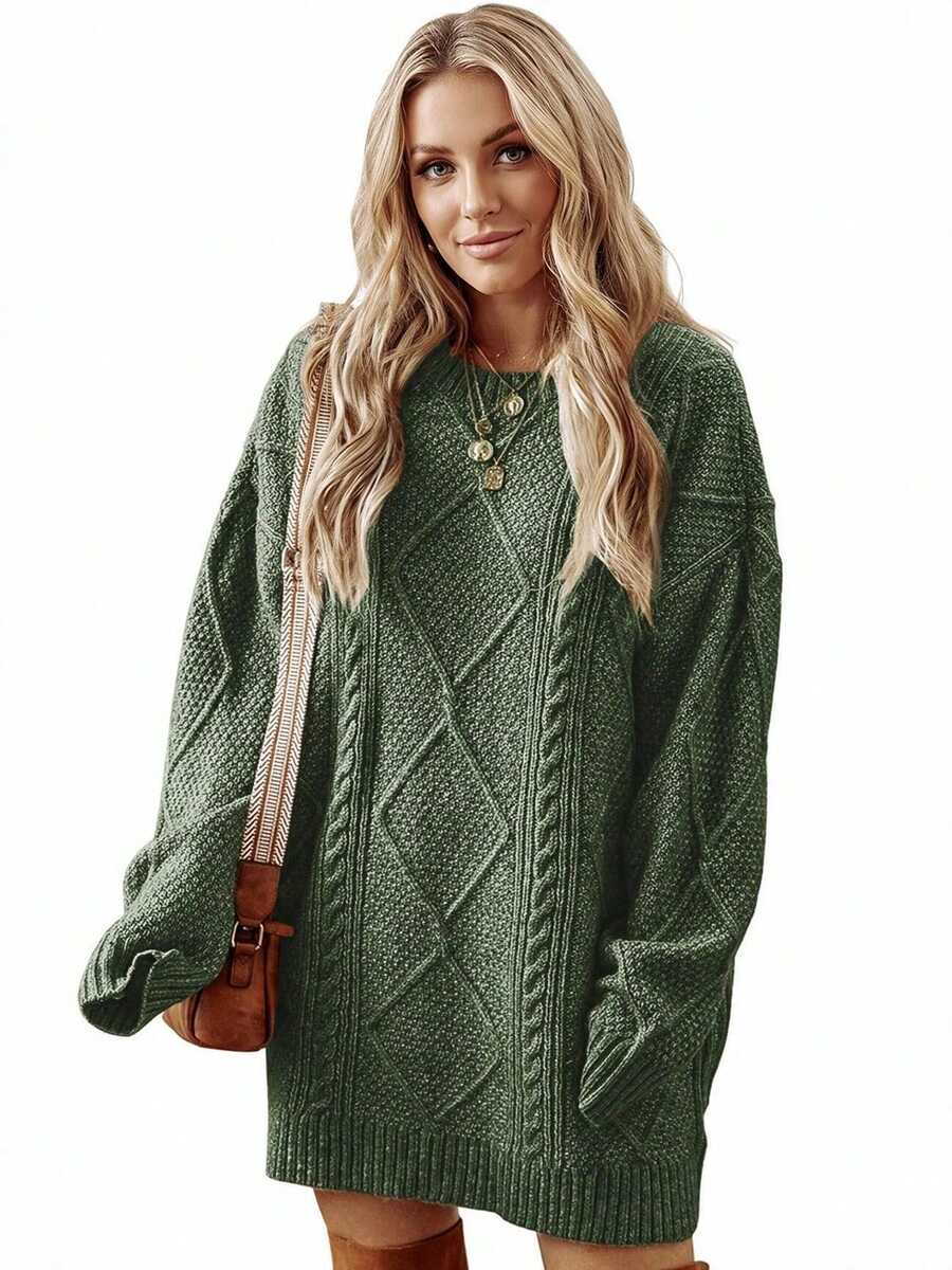 Acelitt Plus Size Women's Solid Color Knit Textured Cold Shoulder Plus Size Sweater Dress, Autumn/Winter - Green - View 1