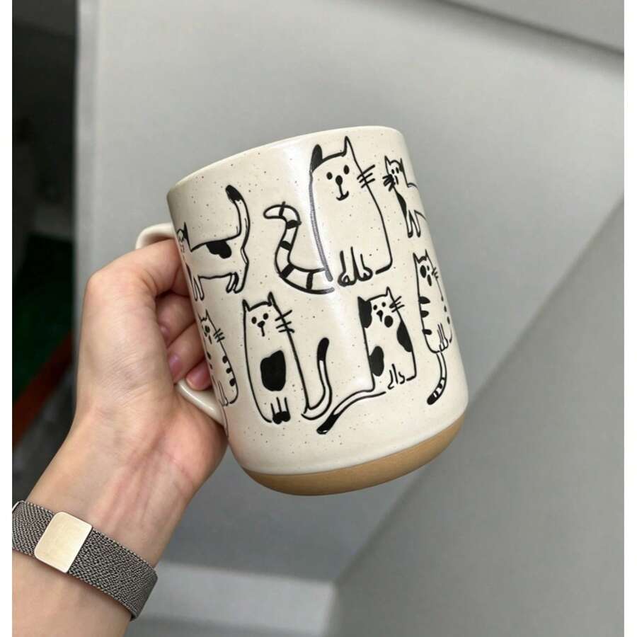 Mug Keramik Bergambar Kucing Lucu dengan Glasir Bawah yang Dilukis Tangan, Cocok untuk Sarapan dan Bubur Oat, Gaya Pasangan, Aman untuk Microwave, Perlengkapan Penting untuk Kembali ke Sekolah - Hitam dan Putih - View 1