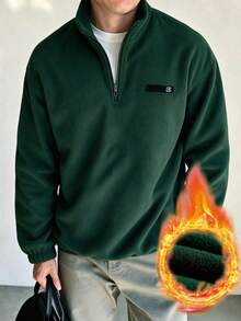 Men's Casual Half-Zip Denim Long Sleeve Sweatshirt - Dark Green - View 1
