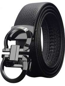 Men's Solid Color Automatic Buckle Belt, High-Quality Durable Zinc Alloy Letter Buckle Belt, Suitable For Office, School, Beach, All Seasons Wear. - Multicolor - View 14