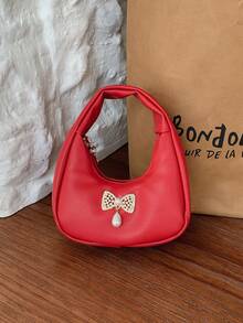 Girls Red Soft PU Fabric Handbag With Rhinestone Bow And Pearl Pendant Design, Princess Style Hand-Carried Bag - A - View 5