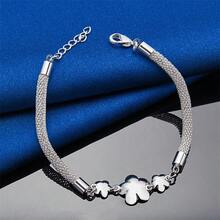 1pc 925 Sterling Silver Plated Delicate Three Flower Bracelet For Women, Fashionable Wedding Party Gift Jewelry - Silver - View 4