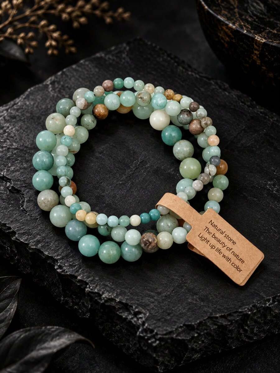 Women's Green Natural Stone Beaded Bracelet 3-Piece Set, Mixed Amazonite Beads, Stackable Elastic Bracelet, Bohemian Style Fashion Accessory - Multicolor - View 1