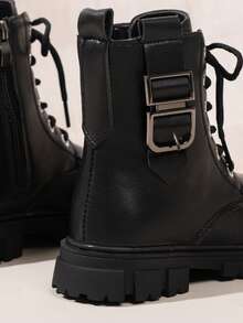 Girls' Street Style Comfortable Metal Buckle Decor Shiny Functional Boots, Black Cool Boots For Autumn/Winter - Black - View 7