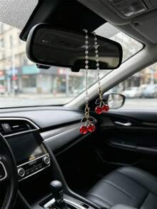 Pearl Chain Cherry Car Rearview Mirror Pendant, Sweet Style Car Hanging Ornament, Car Interior Decoration Accessory For Women - Pearl Chain Cherry Pendant - View 3