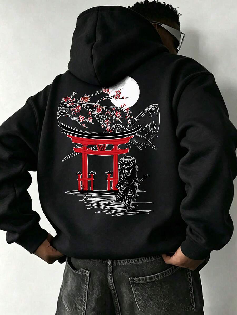 [Men's Plus Size] Men's Autumn/Winter Personalized Apricot Hooded Sweatshirt | Torii Samurai Japanese Style - Black - View 1