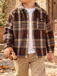 Young Boy Classic Streetwear Brown Plaid Long Sleeve Shacket, Kids/Toddler - Brown - View 1