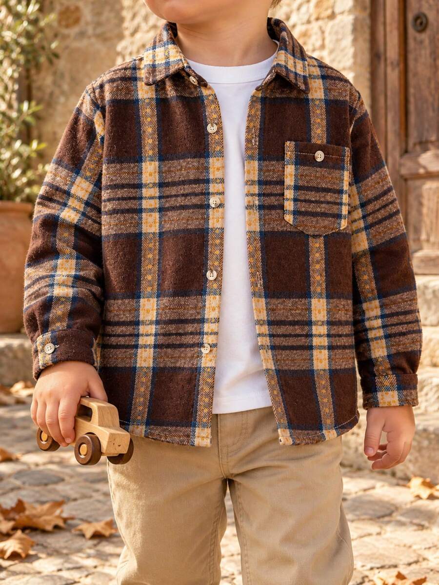 Young Boy Classic Streetwear Brown Plaid Long Sleeve Shacket, Kids/Toddler - Brown - View 1