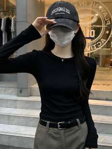 Women's Basic Black Long Sleeve Crew Neck Knit T-Shirt, Medium Stretch Fabric, Regular Fit Top For Autumn/Winter - Black - View 6