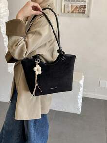 女款單肩托特包 大容量極簡黑色包款 可愛溫柔優雅花朵飾飾品 適合購物與通勤 - 黑色 - 查看 5