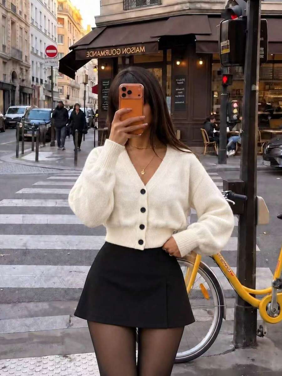 Women's Sweater Autumn/Winter New Round Neck Single-Breasted KnitCardigan, Casual Y2K Style, SuitableFor Daily Commute Wear - White - View 1