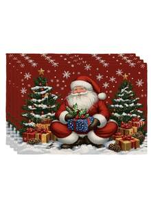 4Pcs Christmas Santa Claus Print Placemats Red Snowflake Xmas Tree Gift Box Pine Cone Pattern Table Mats Holiday Winter Dining Table Decor - Red - View 13