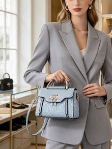 Women Goose Charm Flap Handbag, Top Handle Purse With Diamond Pattern & Shoulder Strap - Blue - View 4