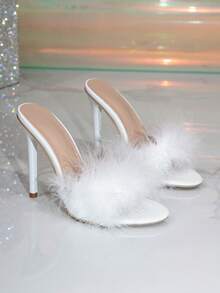 Women's White Feather One-Strap High Heel Sandals, Square Toe Open Toe Sexy Party Shoes, Fashionable High Heels - White - View 2