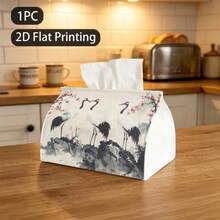 1pc Tissue Box Exquisite Sunset Red-Crowned Crane Ink Painting Pattern Napkin Storage Box Decorative 2D Printed Tissue Holder For Kitchen Living Room Bedroom Bathroom Car Home Decor Organizer Perfect Christmas Gift For Family And Friends - Multicolor - View 14