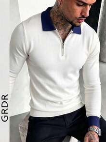 GRDR Men's Autumn/Winter Colorblock Turn Collar Knit Sweater, Solid Color Long Sleeve Knit, Suitable For Autumn/Winter Outings And Travel, Fashion Essential - White - View 2