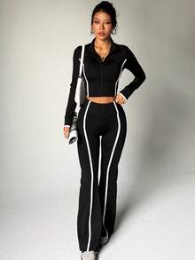 Women's Black Fashionable Small Stand Collar Long Sleeve Zipper Top And Flared Pants Casual Sports Knit 2 Pieces Set - Black - View 3