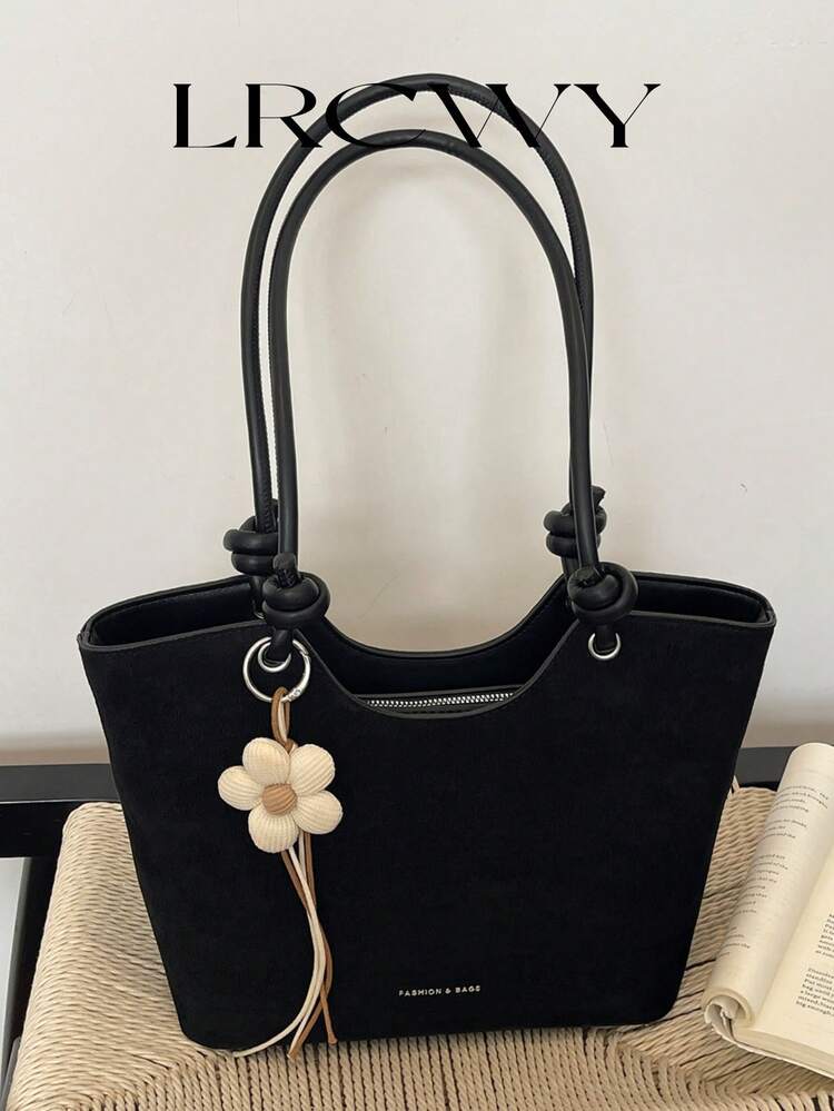 Women's One Shoulder Tote Bag Large Capacity Minimalist Black Bag Cute Gentle Elegant Flower Charm Suitable For Shopping And Commuting - Black - View 3