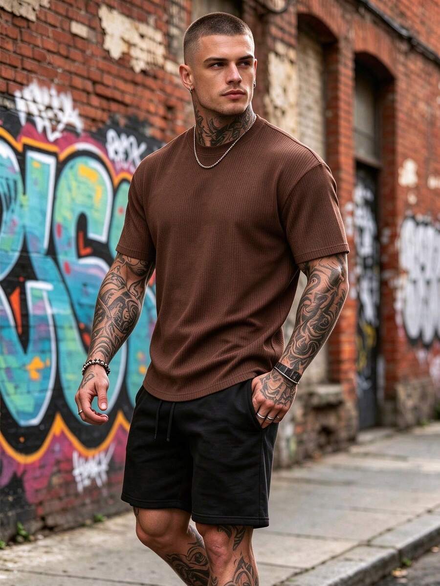 Men's Solid Color Waffle Knit Texture T-Shirt, Round Neck Drop Shoulder Loose Fit Short Sleeve Casual Top, Suitable For Summer Outdoor Wear - Coffee Brown - View 1