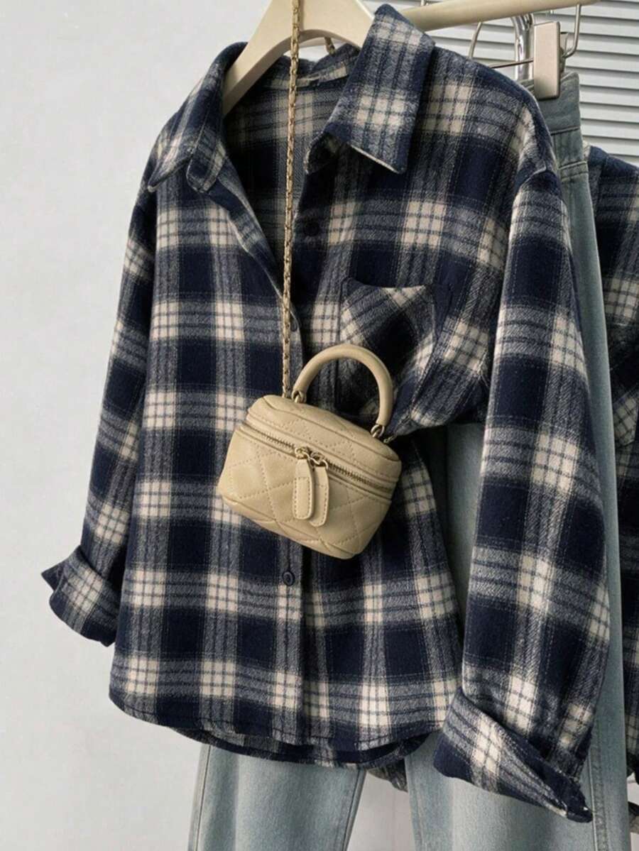 女款秋冬刷毛格紋前扣口袋襯衫,休閒居家與日常穿著 - 黑灰色 - 查看 1