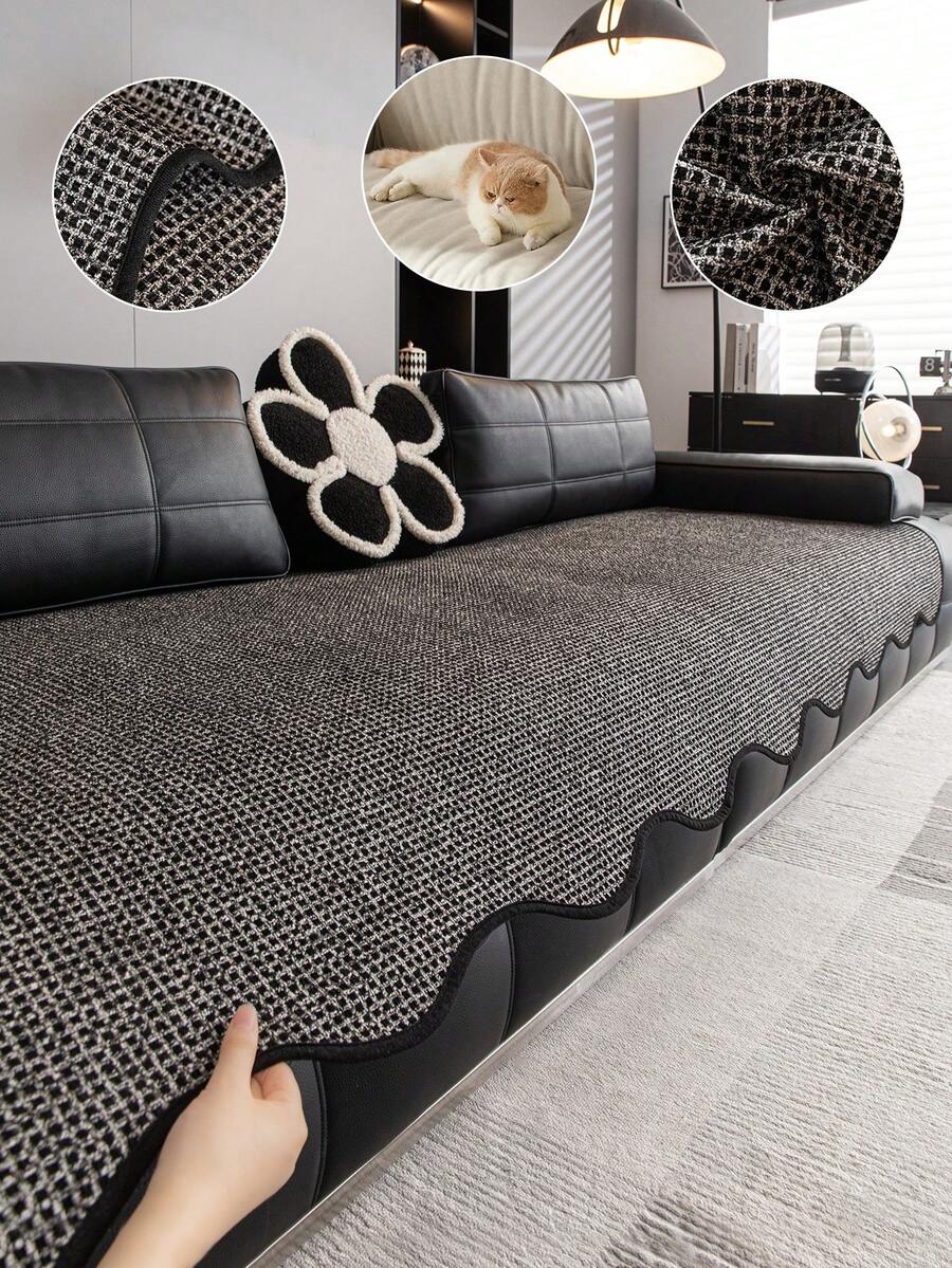 1PC Corn Kernel Knitted Jacquard Sofa Cushion, Four-Season Universal Anti-Slip Seat Pad, Irregular Edge Designer Sofa Decorative Protective Cover, Machine Washable - Black - View 1