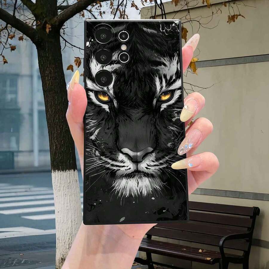 1pc Fashionable Fierce Tiger Pattern Design Element TPU Straight Edge Thin Full Lens Protection Phone Case Compatible With Samsung Galaxy S26Ultra/S26 Plus/S26/S25/S24/A16/A37/A57/ A40/A60/Honor X8B/X9B/ Note/ 13C/A3 Android Series Phone Cover - Black - View 1