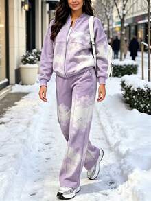 Spring Autumn Winter Fashion New Colorblock Minimalist Sweatshirt Jacket Top With Pockets Straight Leg Pants 2 Pieces Set, Slim Fit Flattering, Daily Commute, Autumn Fashion Outfit Inspiration, Suitable For Sports, Daily, Street, Airport, Travel, Vacation And More - Light Purple - View 5