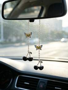 Butterfly Cherry Car Hanging Ornament, Exquisite Rearview Mirror Pendant, Cute Style Women's Car Decoration Accessory - A - View 4
