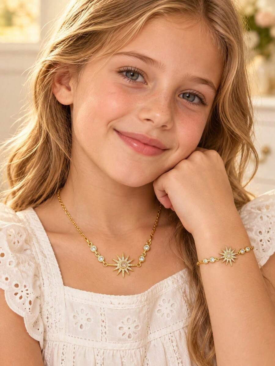 2pcs/Set Gold Starburst Necklace & Bracelet Set, Copper Zirconia Shiny Sunburst Pendant, Girls Children Jewelry, Delicate & Cute, Back To School Party Gift - Gold - View 1