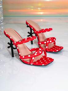 Women's Red Square Toe High Heel Mule Sandals, Glamorous Party Slippers - Red - View 2